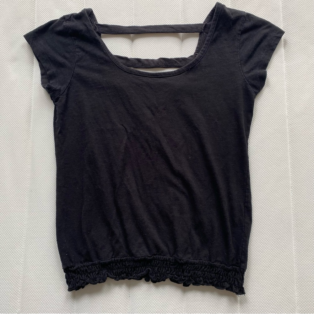 Black Short Sleeve Scoop Neck Top with Back Strap Detail